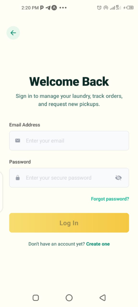 ZoeWash App - Log In Screen
