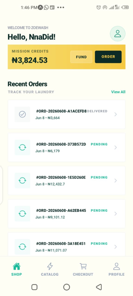 ZoeWash App - Dashboard Screen