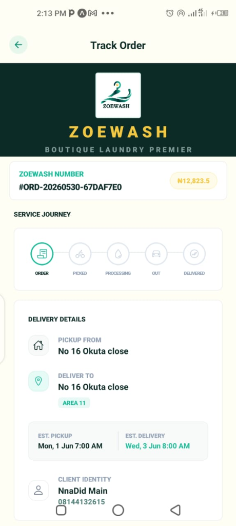 ZoeWash App - Track Order Screen